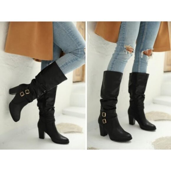 Women White Mid Knee High Boots Chunky Heel Slouchy Metal Buckle Winter Shoes - Picture 2 of 7